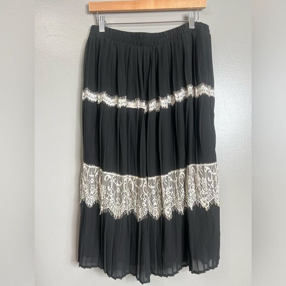 Adiva skirt black cream pleated floral lace feminine office twee artsy large - Picture 7 of 7